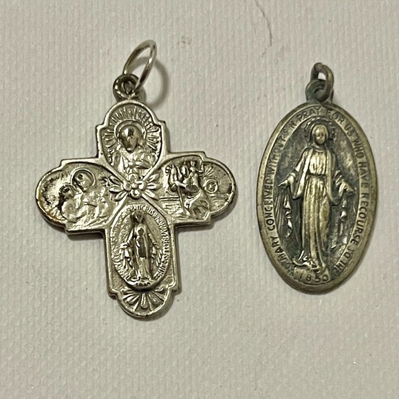Jewelry - VTG Lot Of 2 Catholic 4 Way Cross Religious Miraculous Medal Italy 6